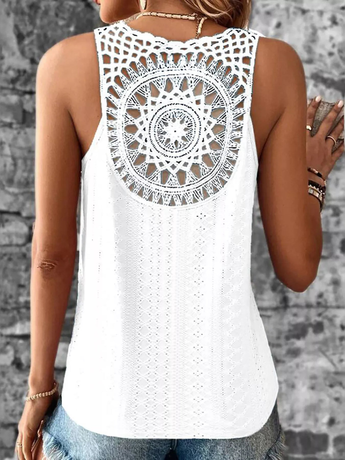 Light blue eyelet lace trim V-neck tank top from Plush Fashion Hub, featuring delicate lace details and sleeveless design.