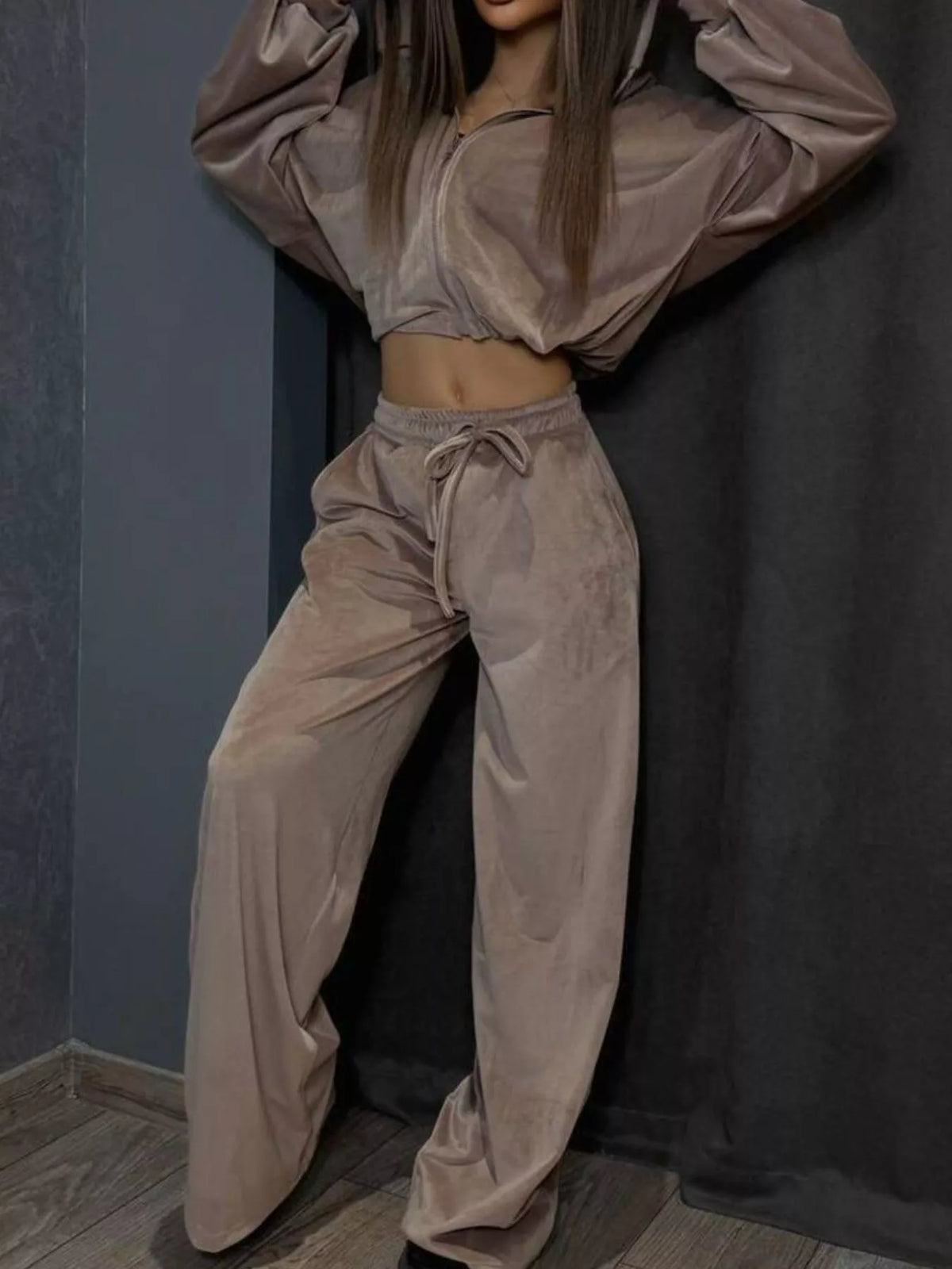 Plush Fashion Hub zip-up cropped outerwear and pants set, featuring a stylish matching jacket and pants in a coordinated design.