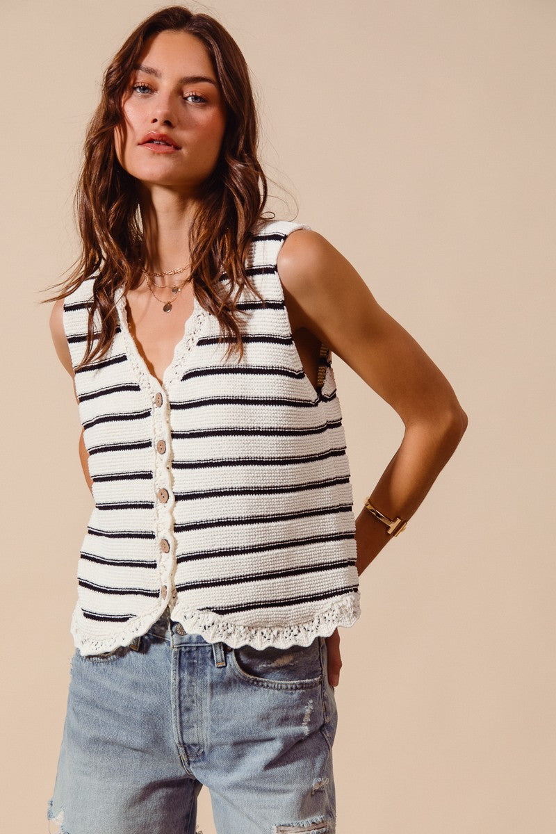 Women's striped knit sweater vest with crochet trim, button-down front, by Plush Fashion Hub, shown in close-up detail.