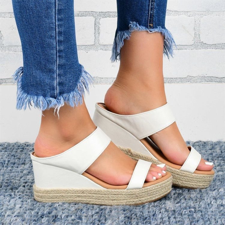 European and American wedge slippers for women with hemp rope straps, casual flat sandals by Plush Fashion Hub.