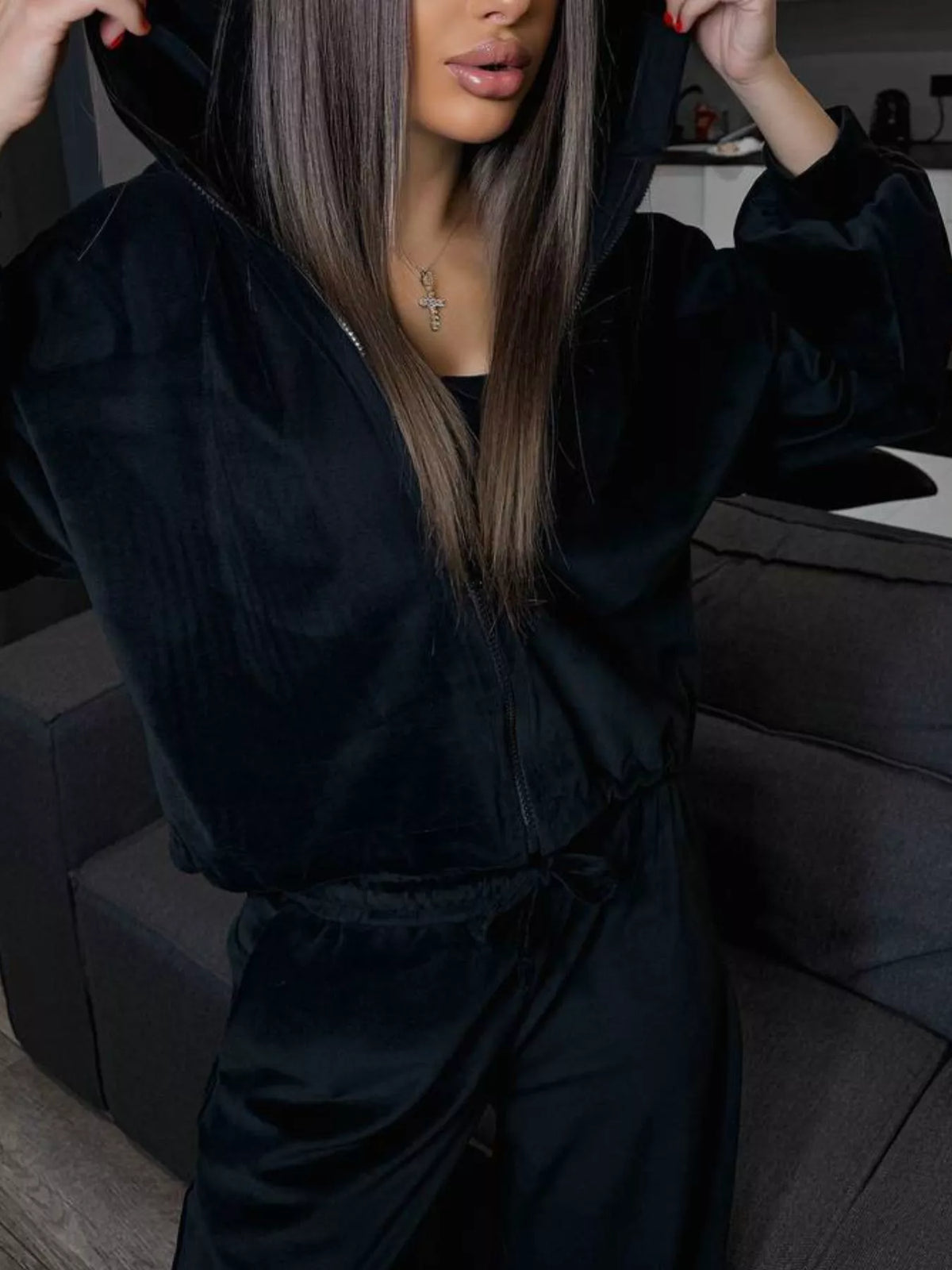 Plush Fashion Hub zip-up cropped outerwear and pants set, featuring a coordinated stylish look with a fitted waistband and casual design.