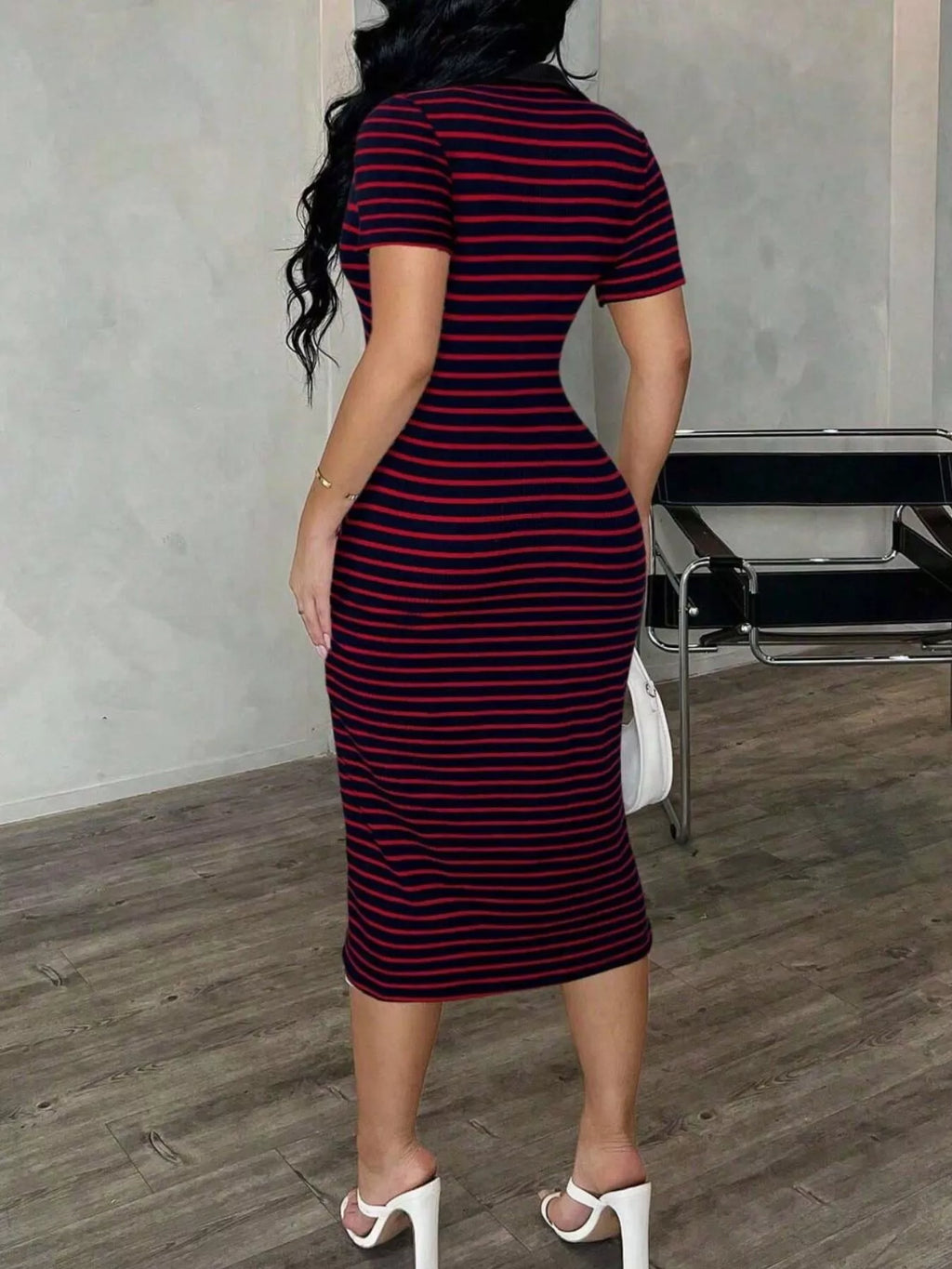 Striped polo collar midi dress by Shopimist featuring a fitted silhouette and classic design, perfect for casual or semi-formal occasions.