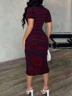 Striped polo collar midi dress by Shopimist featuring a fitted silhouette and classic design, perfect for casual or semi-formal occasions.