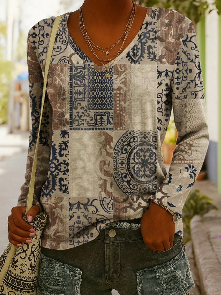 Women's ethnic print V-neck long-sleeve pullover top by FitiqueFit, featuring colorful patterns and a comfortable fit.