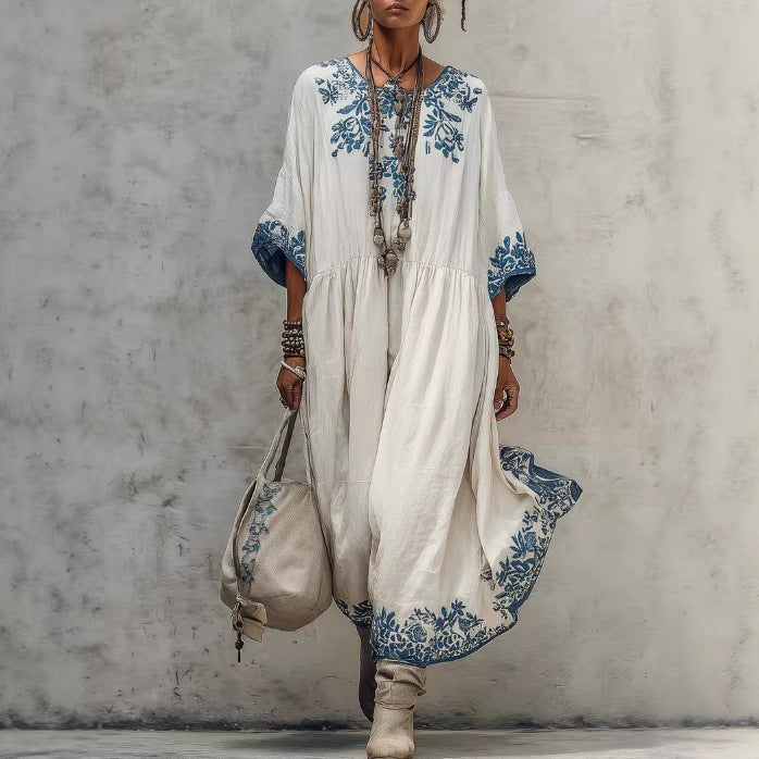 Women's printed batwing sleeve midi dress in linen blend fabric, loose fit style by Plush Fashion Hub.