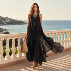 Flowy black asymmetrical chiffon maxi dress by FitiqueFit, sleeveless boho A-line long dress for women.