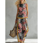 Printed retro sleeveless top and wide-leg pants two-piece set by Plush Fashion Hub, featuring vibrant 12 print options, available in sizes S to 5XL.