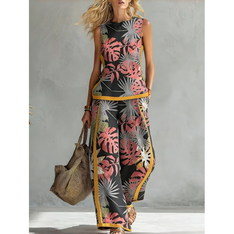 Printed retro sleeveless top and wide-leg pants two-piece set by Plush Fashion Hub, featuring vibrant 12 print options, available in sizes S to 5XL.