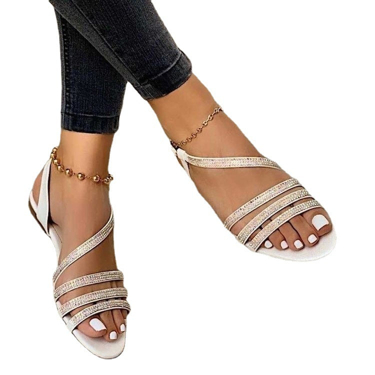 Plush Fashion Hub low top round toe solid color fish mouth flat sandals with breathable design and rhinestone accents.