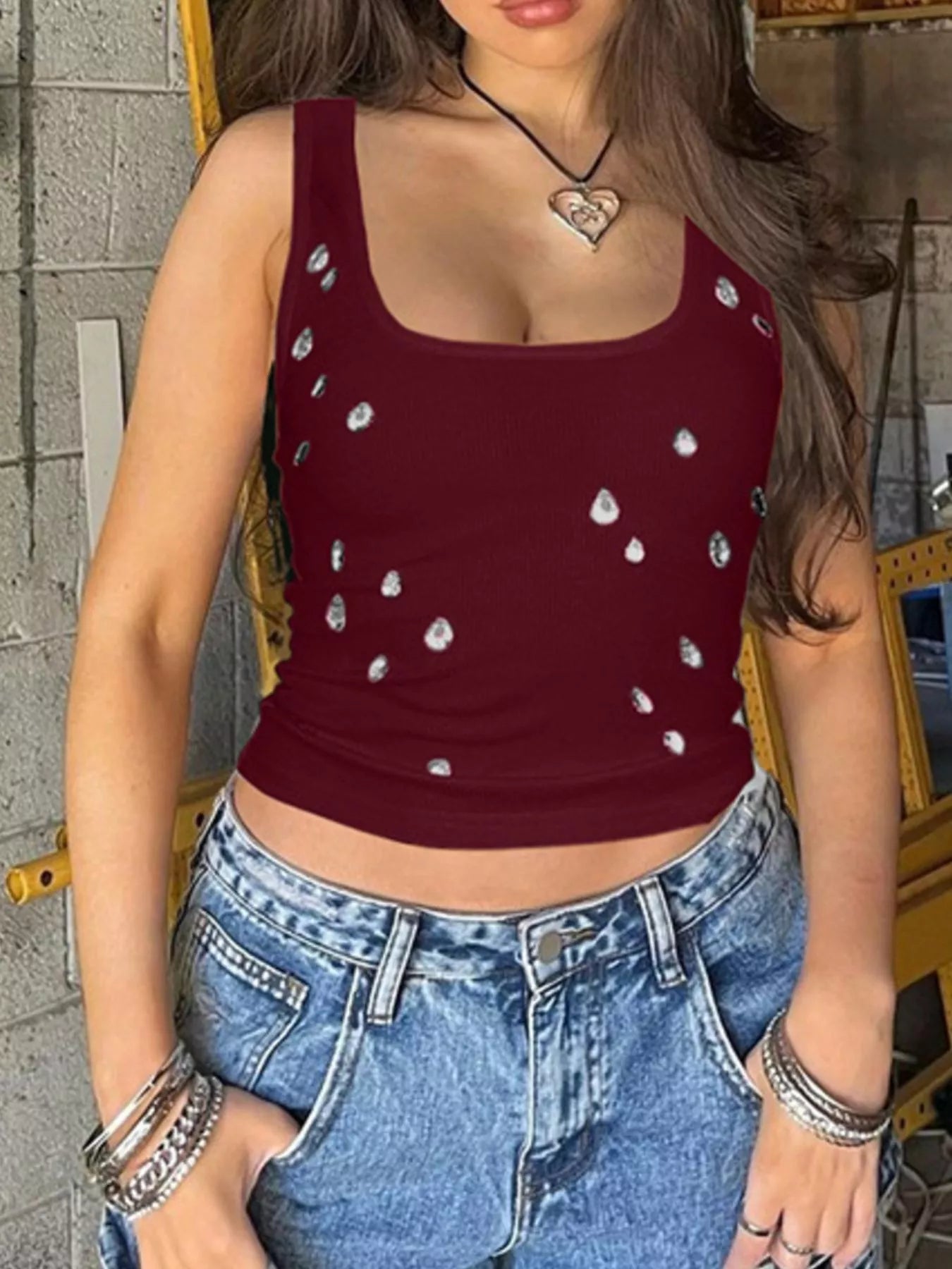 Bead-embellished square neck tank top by Plush Fashion Hub, featuring a stylish design and detailed bead accents.