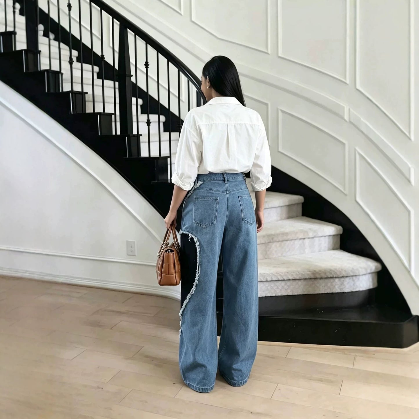 Color block patchwork heart raw hem denim jeans by Plush Fashion Hub featuring vibrant colors and distressed raw hems.
