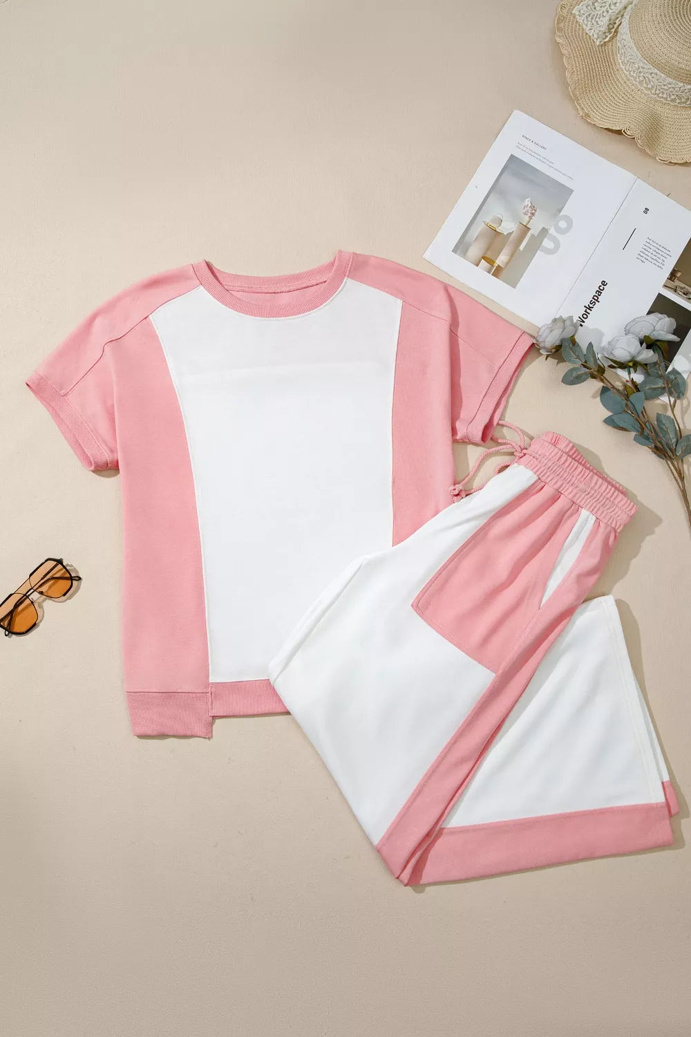 Two-tone color block patchwork loungewear set with a relaxed tee and drawstring loose pants from Plush Fashion Hub.