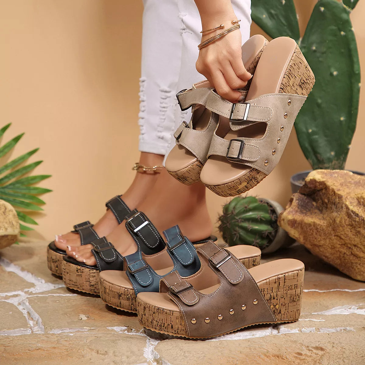 Open toe wedge sandals by Shopimist featuring a stylish design and comfortable cork heel, perfect for summer or casual wear.