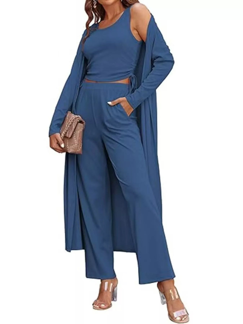 Trendsi loungewear set with round neck tank top, cardigan, and matching pants, casual and comfortable for relaxed wear