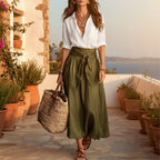 FitiqueFit button-down shirt and straight skirt two-piece set, featuring a stylish coordinated outfit for casual or office wear.