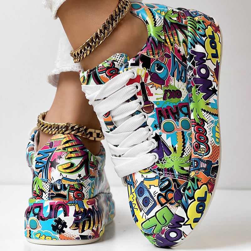 Women’s round-toe thick-sole lace-up sneakers by Plush Fashion Hub, casual printed footwear with stylish design and comfortable fit.