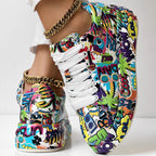 Women’s round-toe thick-sole lace-up sneakers by Plush Fashion Hub, casual printed footwear with stylish design and comfortable fit.