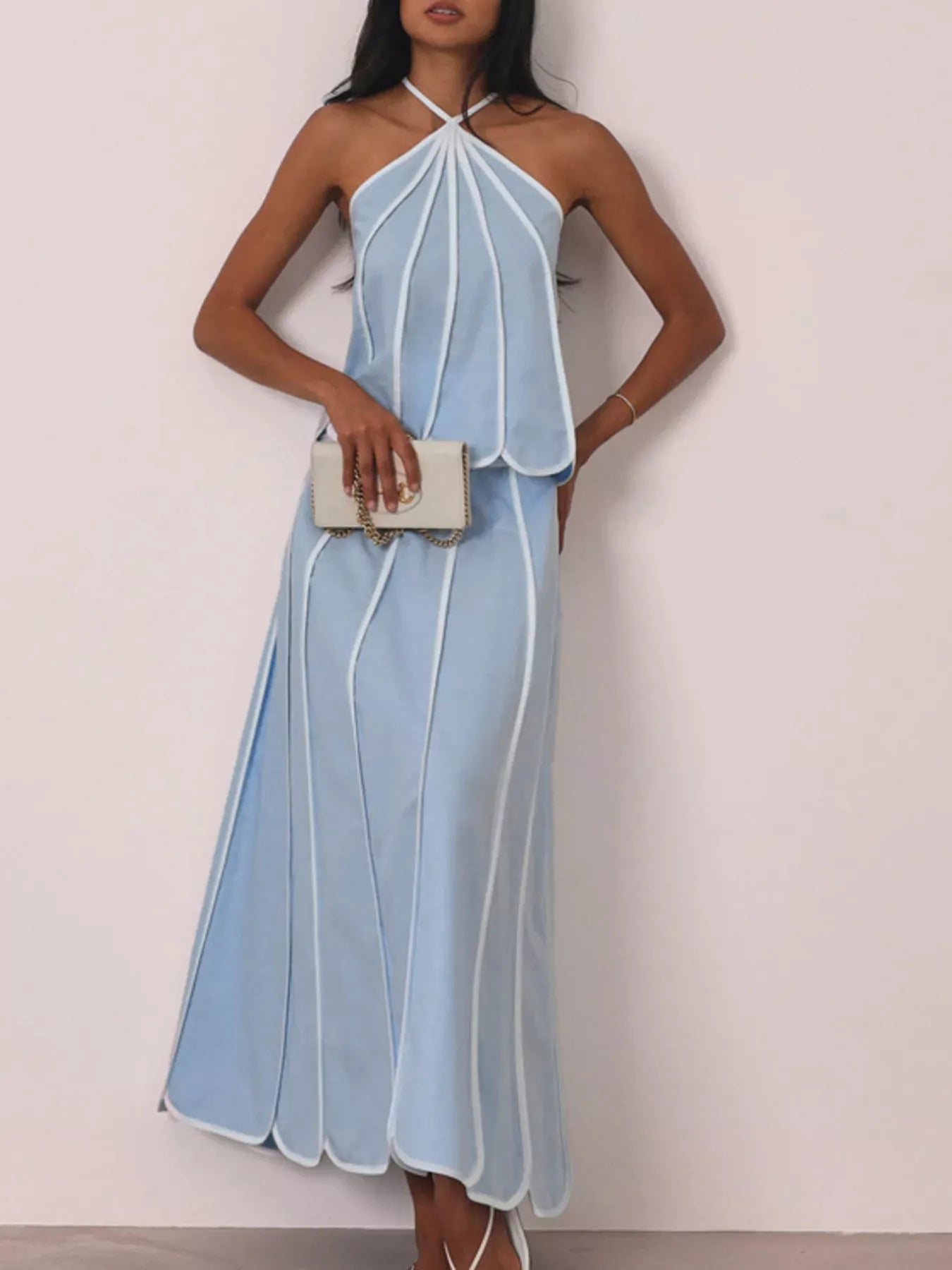 Plush Fashion Hub halter neck scalloped hem top and skirt set, stylish matching outfit with feminine scalloped details.