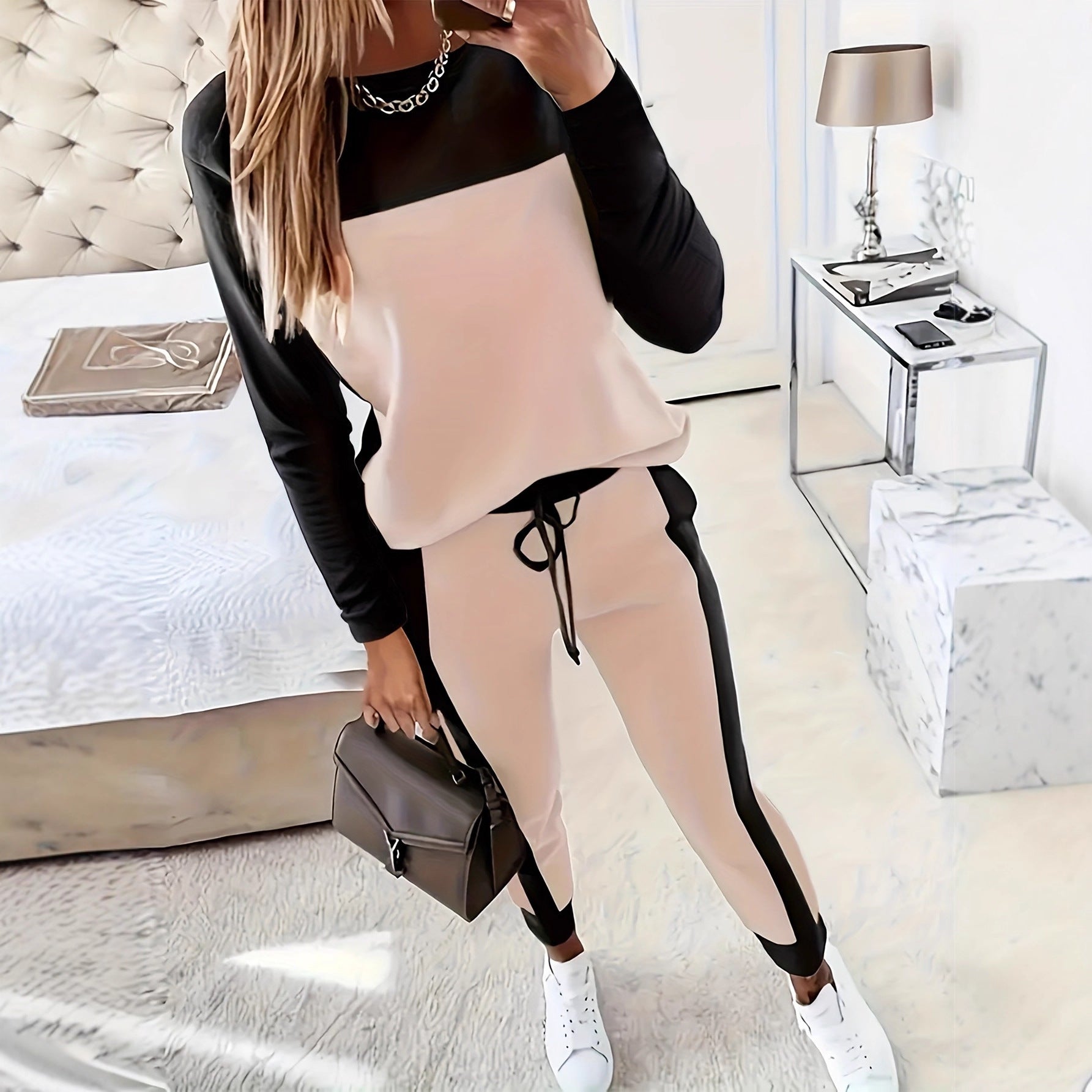 Women's Korean-style casual hoodie and pants two-piece set with patchwork design by Plush Fashion Hub, comfortable and stylish casualwear.