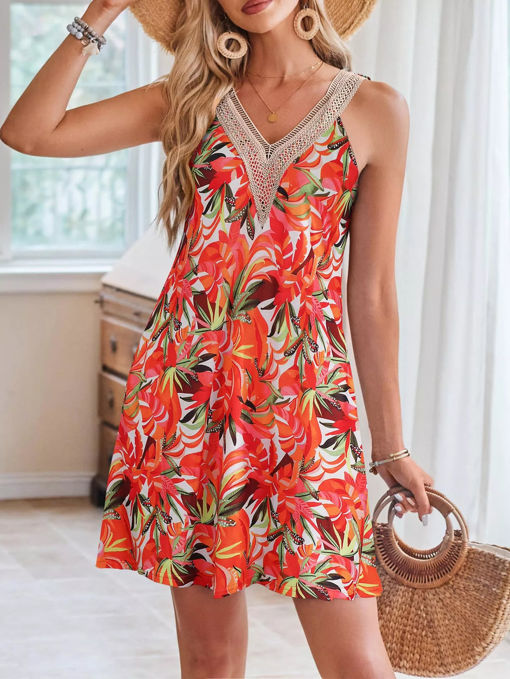 Tropical leaf print V-neck sleeveless dress by Shopimist, featuring vibrant green and yellow foliage pattern on lightweight fabric.