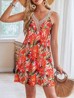 Tropical leaf print V-neck sleeveless dress by Shopimist, featuring vibrant green and yellow foliage pattern on lightweight fabric.