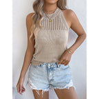 Women’s sleeveless halter tank top from Plush Fashion Hub, casual knit racerback vest ideal for summer wear, casual and stylish.