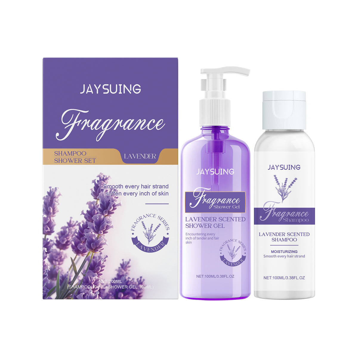 Purple JAYSUING lavender shampoo and shower gel set in plastic bottles, with matching gift box featuring lavender art.