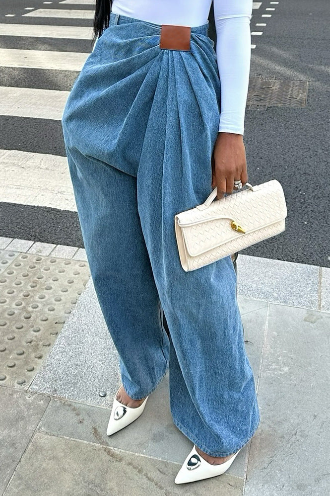 Women’s high-waisted wide-leg washed denim pants by Plush Fashion Hub, showcasing relaxed fit and casual style.