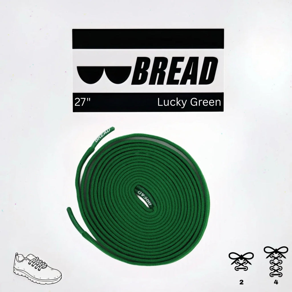 Green elastic shoelace by Bread, Lucky Green brand, shown threaded through sneaker eyelets for a snug fit and flexible comfort.