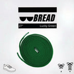Green elastic shoelace by Bread, Lucky Green brand, shown threaded through sneaker eyelets for a snug fit and flexible comfort.