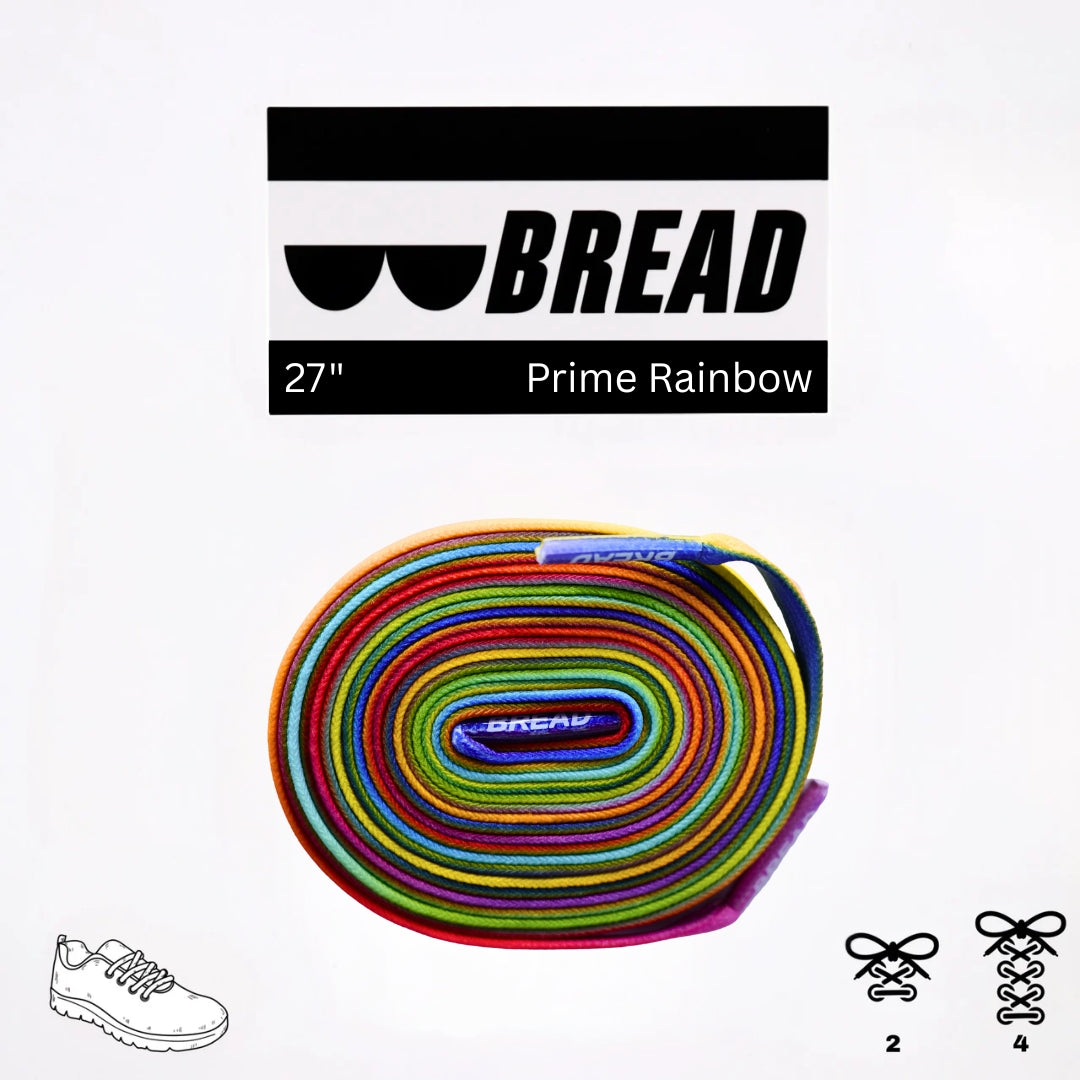 Colorful Prime Rainbow elastic shoelace by Plush Fashion Hub, featuring vibrant rainbow pattern and stretchable design for sneakers.