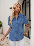 Women’s retro washed denim shirt by FitiqueFit, casualwear style, featuring a classic button-up design and faded denim finish.