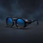 Retro round leather frame sunglasses from Plush Fashion Hub featuring vintage-style eyewear with classic leather accents.