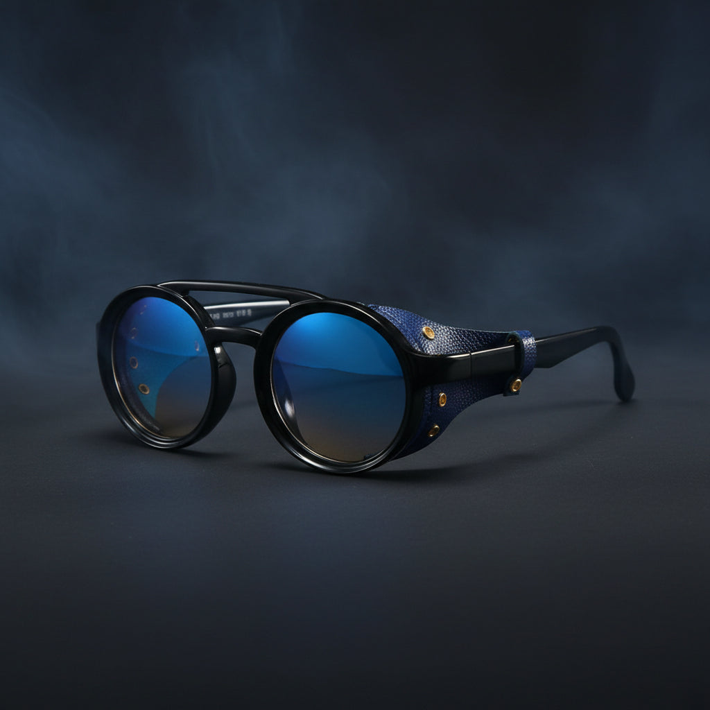 Retro round leather frame sunglasses from Plush Fashion Hub featuring vintage-style eyewear with classic leather accents.