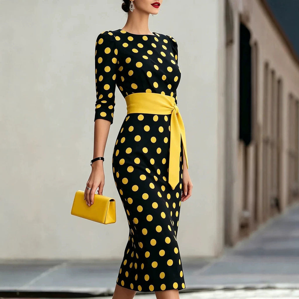 Women's retro polka-dot bodycon midi dress by FitiqueFit featuring a belted cross-tie waist, perfect for casualwear.