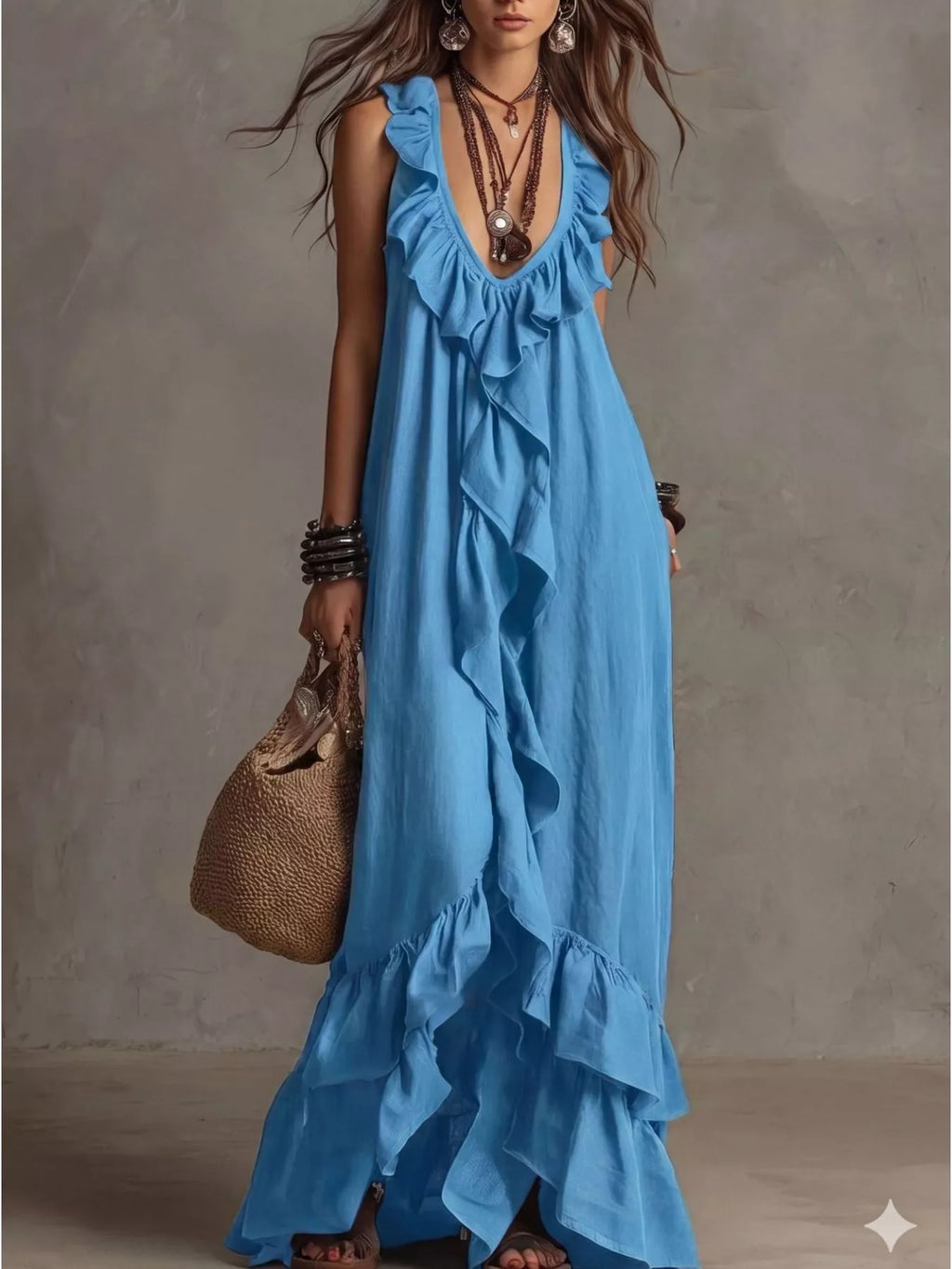 Ruffled sleeveless maxi dress by Shopimist featuring flowy fabric and a stylish ruffled neckline, perfect for summer wear.