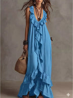 Ruffled sleeveless maxi dress by Shopimist featuring flowy fabric and a stylish ruffled neckline, perfect for summer wear.