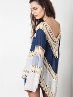 Crochet trimmed long sleeve swim cover up by Trendsi, lightweight fabric, featuring intricate crochet details and a relaxed fit.