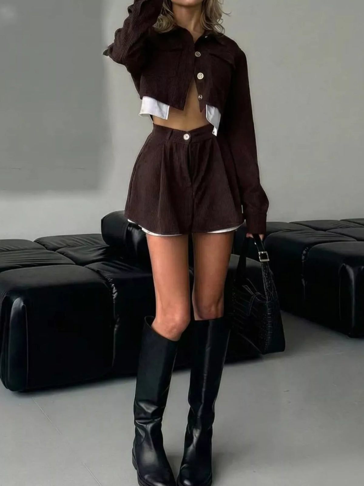 Trendsi button-up cropped jacket and mini skirt set, featuring a stylish coordinated look with tailored design and modern fashion details.