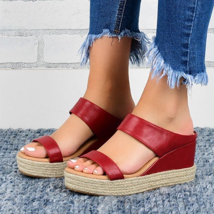 European and American wedge slippers by Plush Fashion Hub, hemp rope casual flat sandals for women with stylish comfort.