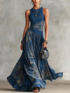 Women's Navy Blue Artistic Print Sleeveless Fitted Bodice Swing Maxi Dress