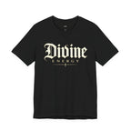 Wear Your Worship Divine Energy Tee with gothic script faith graphic, casual black T-shirt featuring inspirational religious design.