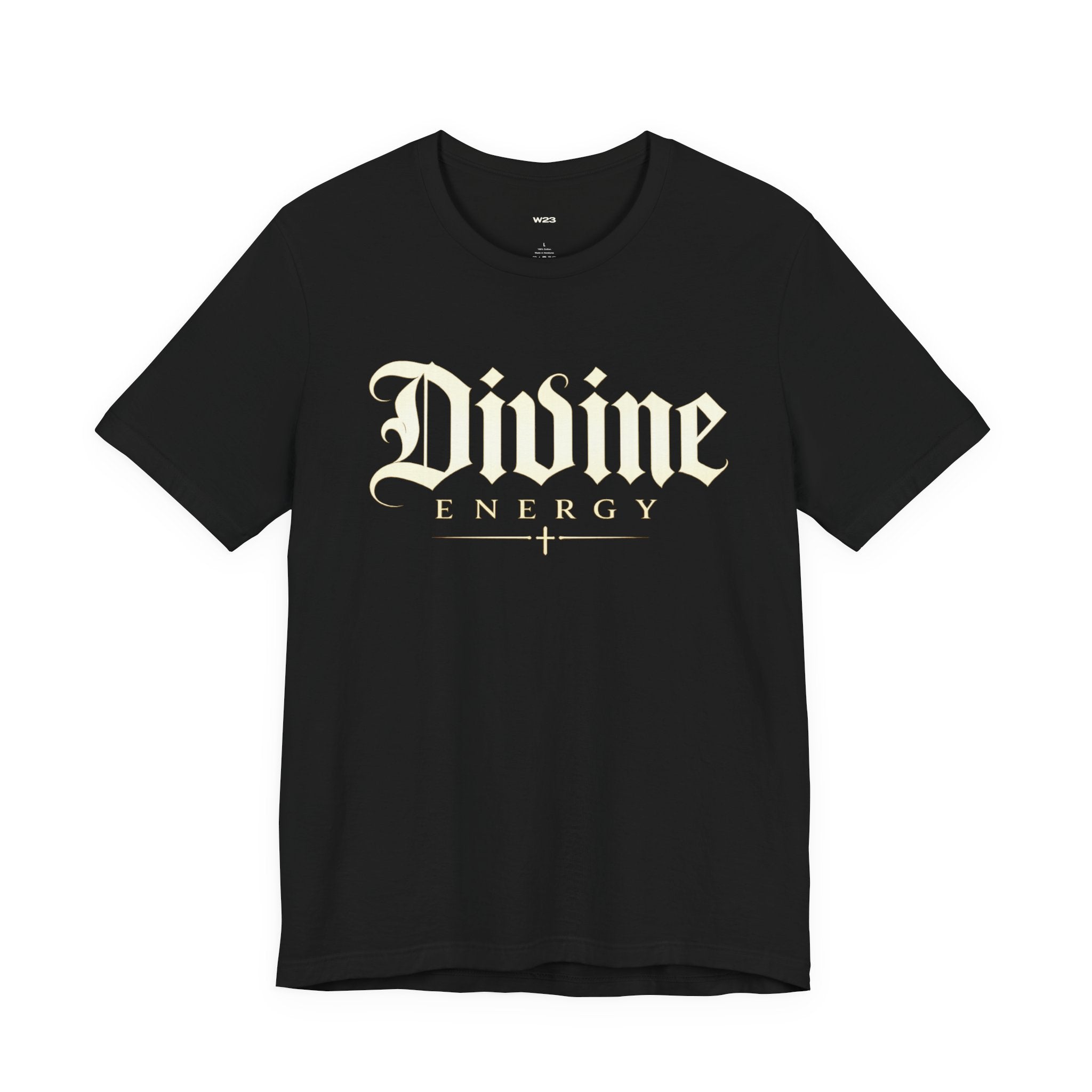 Wear Your Worship Divine Energy Tee with gothic script faith graphic, casual black T-shirt featuring inspirational religious design.