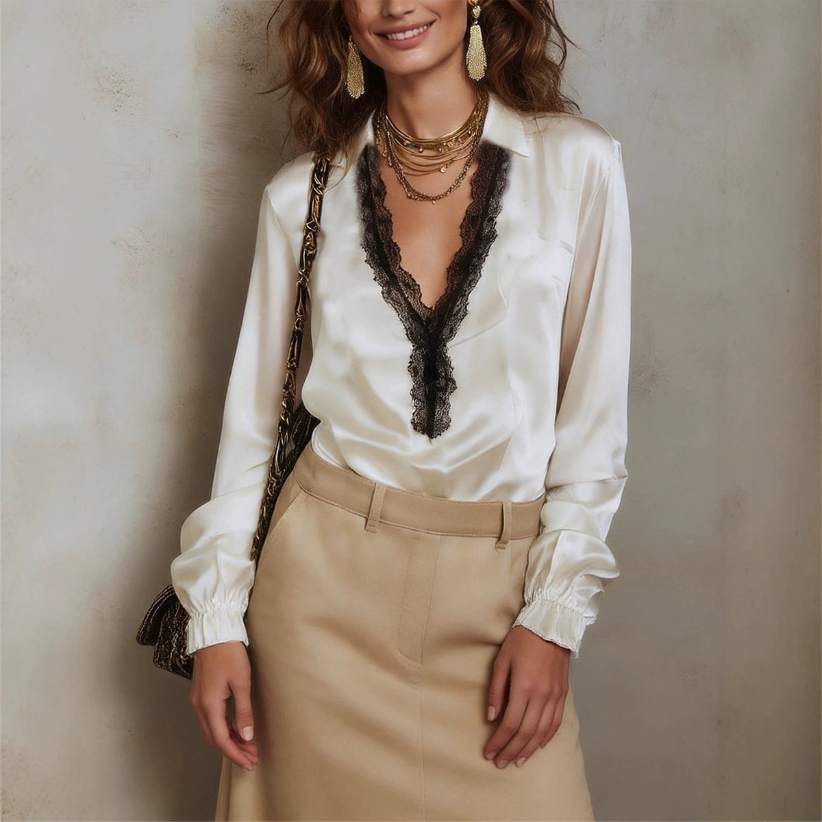 Women's V-neck shirt with black lace patchwork and lantern long sleeves, stylish contrasting design by eprolo.