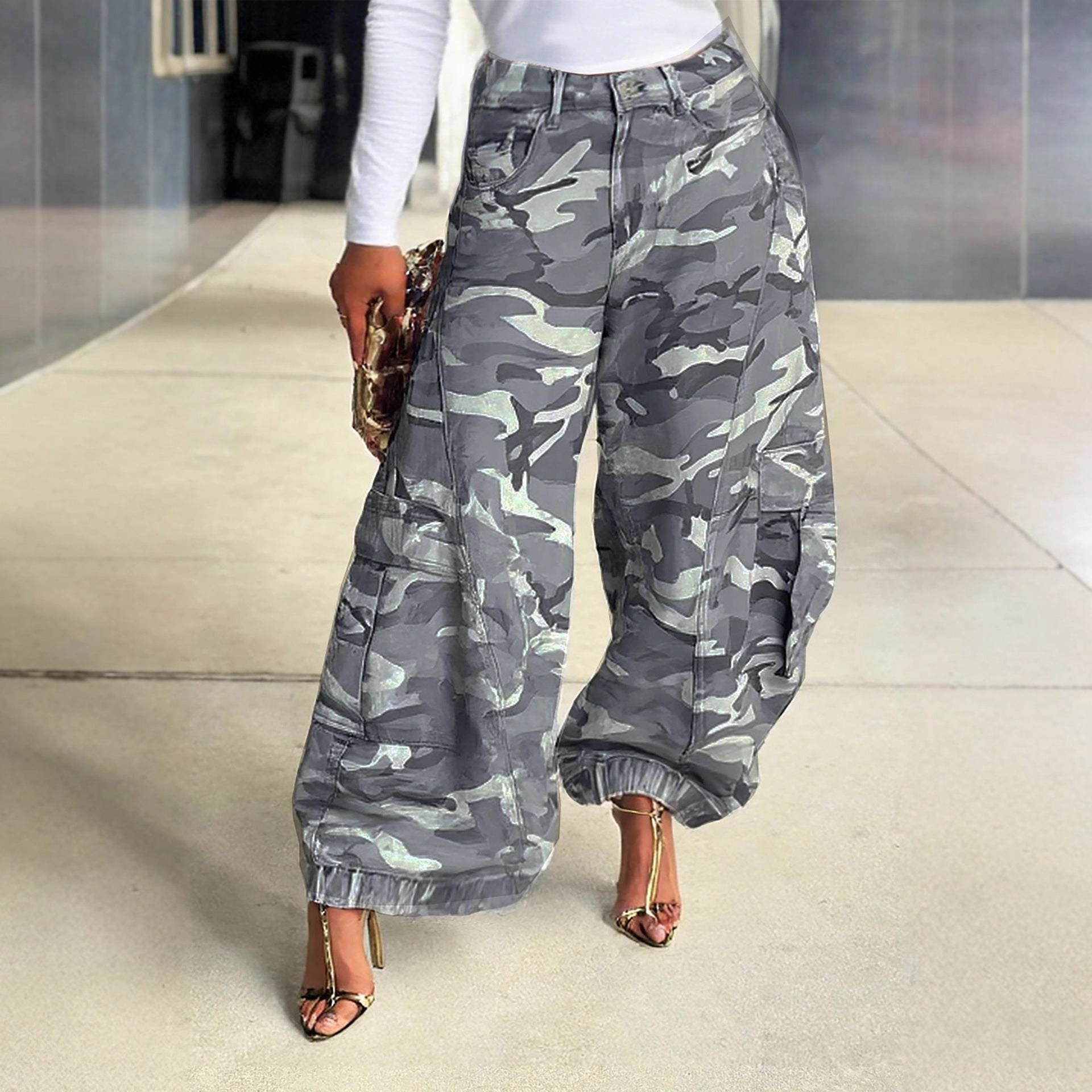 Women's Camouflage Wide-Leg Cargo Denim Jeans