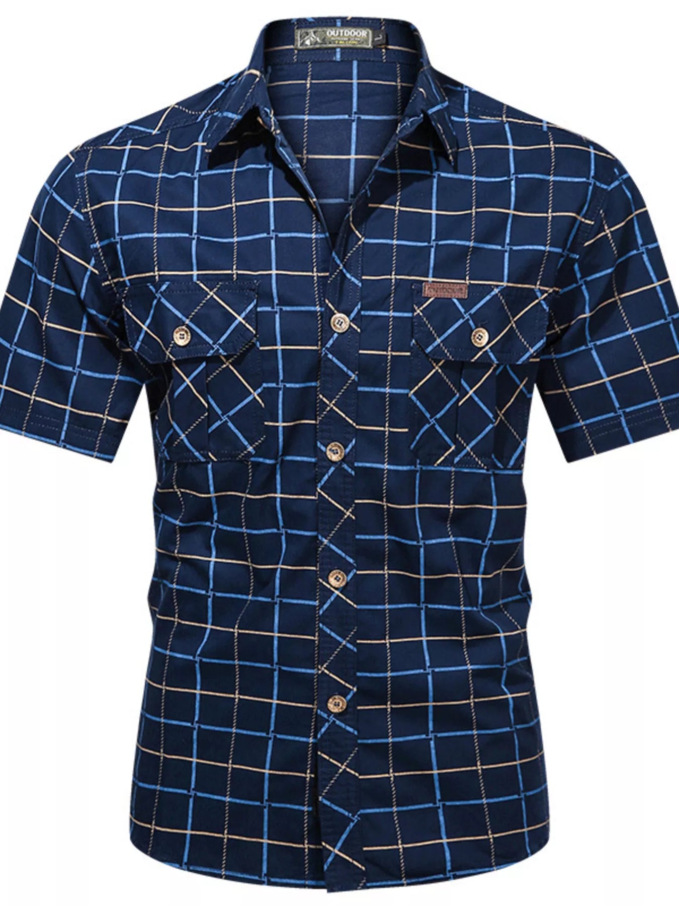 Men's plus size casual plaid short-sleeve shirt by Trendsi, featuring a comfortable fit and classic design.