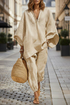 Women's loose casual shirt and cropped pants two-piece set by Plush Fashion Hub, vintage-inspired co-ord ensemble.