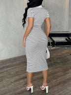 Striped polo collar midi dress by Shopimist featuring a fitted waist and short sleeves, stylish and perfect for casual or semi-formal wear.
