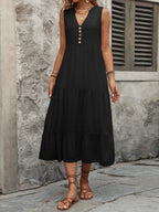 Ivy Lane women's sleeveless button-down dress with notched collar, made of 100% cotton, displayed on a hanger.