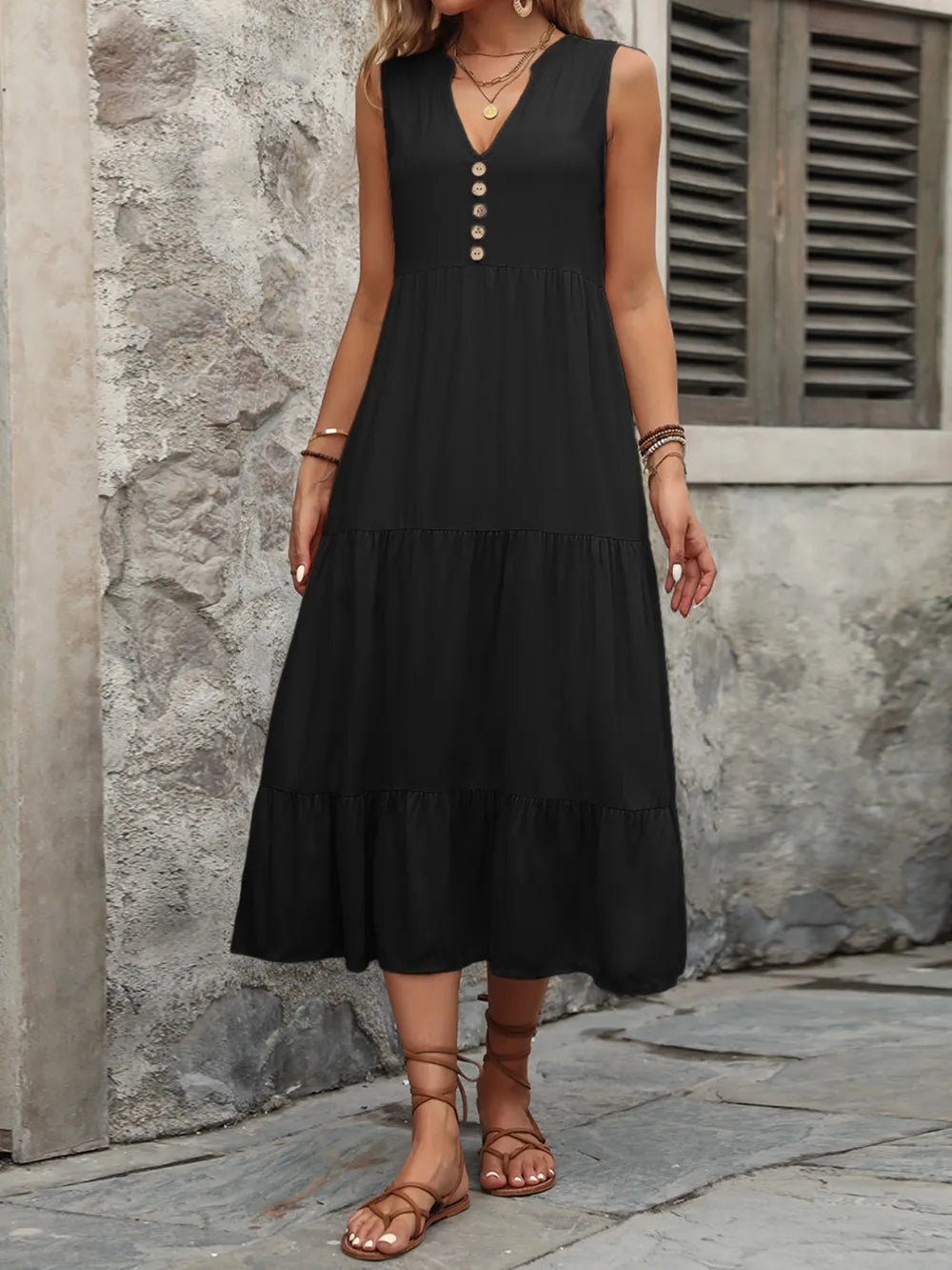 Ivy Lane women's sleeveless button-down dress with notched collar, made of 100% cotton, displayed on a hanger.